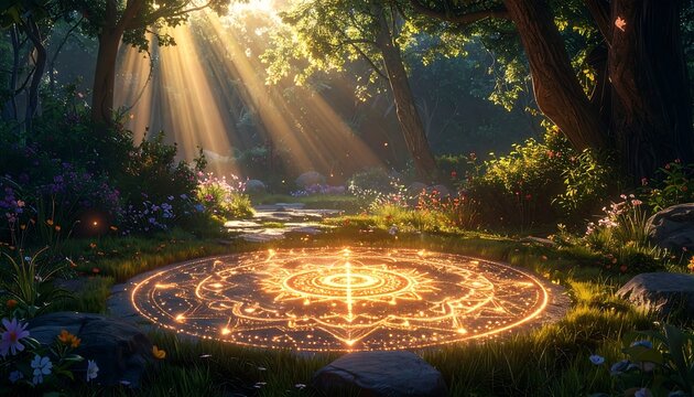 Forest clearing with sunbeams and a glowing magical circle on the ground - Powered by Adobe