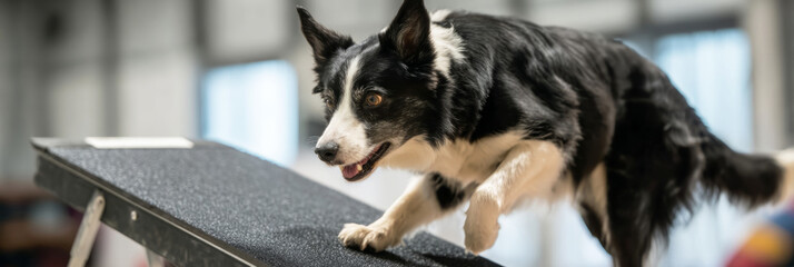 Border collie confidently walks up an agility ramp, showcasing its recovery progress. The pet wears a prosthetic leg, highlighting dedication to fitness and therapy in a training facility, banner