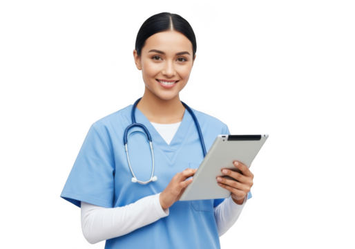 Friendly female doctor smiling holding tablet and stethoscope medical professional transparent background