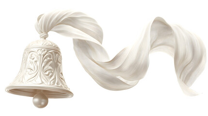 Delicate white bell ornament with flowing satin ribbon isolated on white background