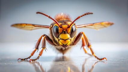 Close-up of a vibrant insect with striking orange and black markings, showcasing intricate details of its body and legs, reflecting on a smooth surface
