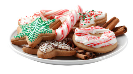 Delicious plate of Christmas cookies with frosting, candy canes, and cinnamon sticks arranged beautifully isolated on white background