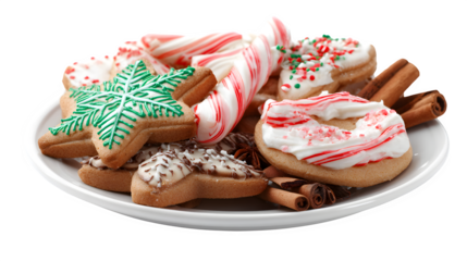 Delicious plate of Christmas cookies with frosting, candy canes, and cinnamon sticks arranged beautifully isolated on white background