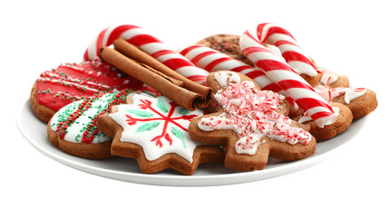 Delicious plate of Christmas cookies with frosting, candy canes, and cinnamon sticks arranged beautifully isolated on white background
