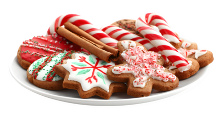 Delicious plate of Christmas cookies with frosting, candy canes, and cinnamon sticks arranged beautifully isolated on white background