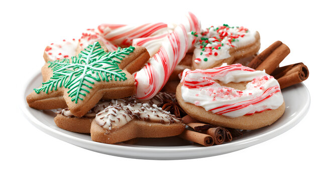 Delicious plate of Christmas cookies with frosting, candy canes, and cinnamon sticks arranged beautifully isolated on white background