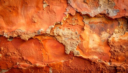 Eroded orange wall with peeling paint and rough texture reveals layers of time and wear, creating an organic abstract