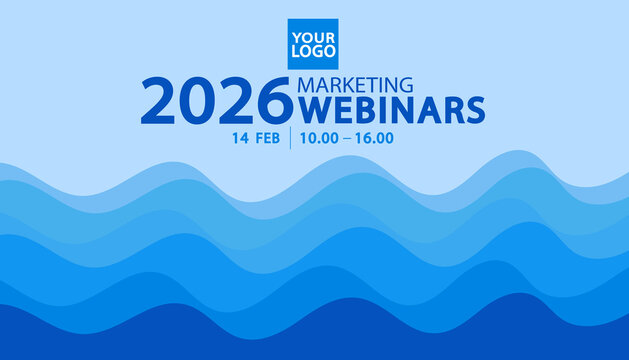 Announce your 2026 business event with this corporate webinar banner. This template features a modern abstract wave background, perfect for a marketing conference or future trends presentation. - Powered by Adobe