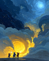 Cosmic Spellcasters Summoning Dimensions at the Edge of the Universe | Painterly Magical Realism Fantasy Art