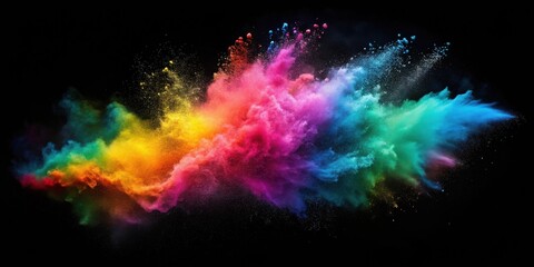 A vibrant explosion of multicolored powder against a stark black background, creating a dynamic and artistic display of color and movement.