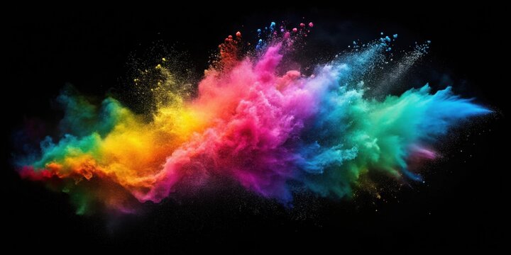 A vibrant explosion of multicolored powder against a stark black background, creating a dynamic and artistic display of color and movement.