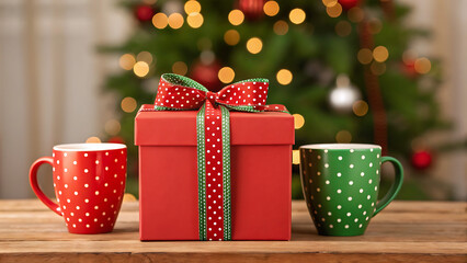 Festive red gift box with ribbon and bow between two polka dot mugs in front of a blurred christmas tree