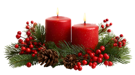 Elegant Christmas candles surrounded by pine and berries isolated on white background