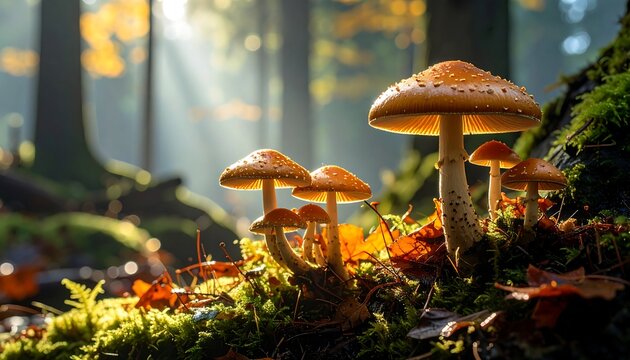 Magical forest mushrooms bathed in golden sunbeams, autumn forest floor.