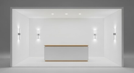 Fototapeta premium A minimalist, empty white exhibition stand with a counter and modern lighting.