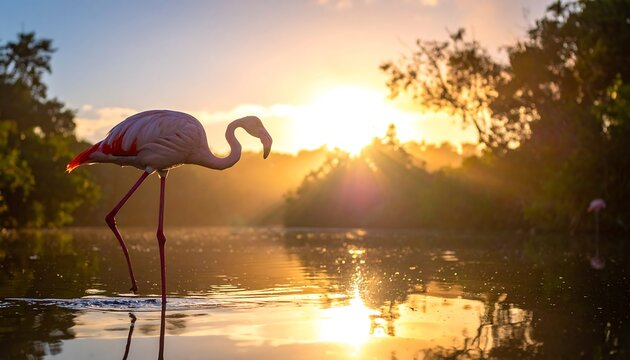 Flamingo wading in golden light at sunset - Powered by Adobe