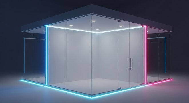 Modern glass cube structure with vibrant blue and pink neon lighting against a dark background, showcasing a minimalist design.