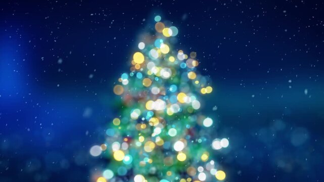Blurred Christmas tree with glowing colorful bokeh light bulbs and ornaments background, blue holiday greeting card animation, festive New Year winter snow fall backdrop