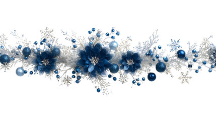 Elegant blue and silver holiday garland with snowflakes and berries isolated on white background