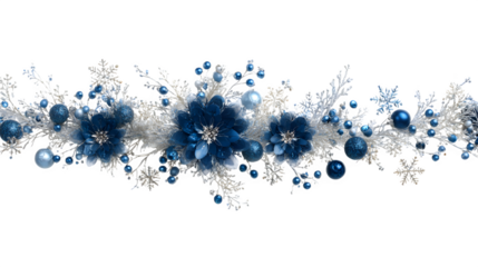 Elegant blue and silver holiday garland with snowflakes and berries isolated on white background