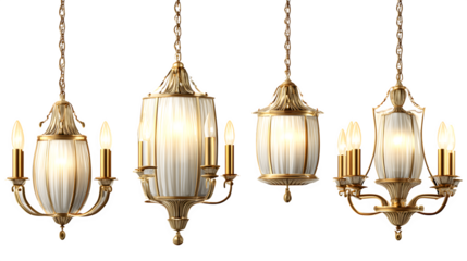 Elegant chandelier set featuring warm glowing lights and gold trim isolated on white background