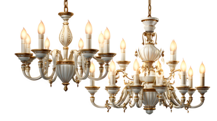 Elegant chandelier set featuring warm glowing lights and gold trim isolated on white background