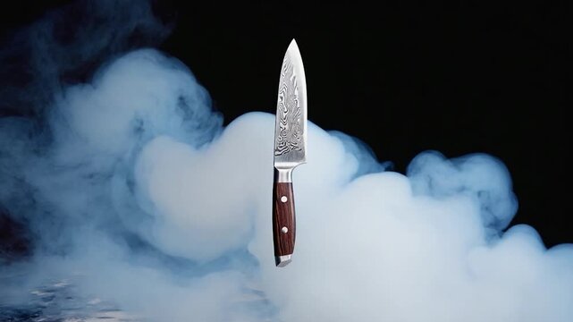 Chefs Knife Floating in White Smoke Against Black Background