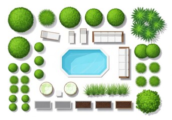 Topdown view of a landscape design plan featuring a swimming pool, various green bushes, trees, and outdoor furniture like sofas and lounge chairs
