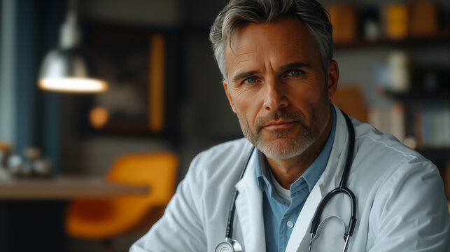 Man doctor with grey hair and beard wearing a white lab coat and stethoscope, looking at camera in an office. Healthcare professional and medical expertise banner with copy space