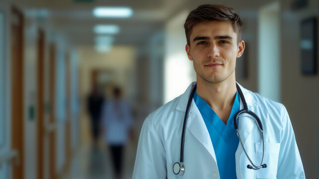 Caucasian man doctor in white lab coat and blue scrubs with stethoscope standing in hospital hallway. Healthcare professional and medical service banner with copy space - Powered by Adobe
