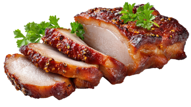 Juicy pork meat barbecue slices with smoky grilled texture and appetizing appearance isolated on white background for food and cuisine concept
