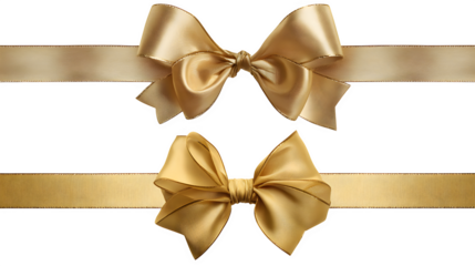 Elegant golden ribbon and bow set arranged horizontally isolated on white background