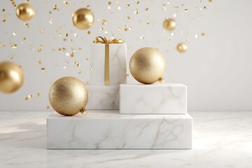Elegant marble podium with gift box and golden christmas balls isolated on white background