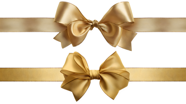 Elegant golden ribbon and bow set arranged horizontally isolated on white background
