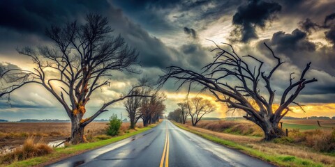 A dramatic, rain-washed asphalt road stretches into the distance, framed by leafless trees against a vibrant sunset and brooding storm clouds.