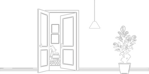 open door with a flower sketch or line art handmade drawing.