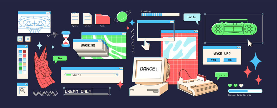Retro UI elements set. Items of user interface of vaporwave style. Design of frames, digital window of computer. y2k PC cursor, icons, buttons, messages, popups. Flat isolated vector illustrations.