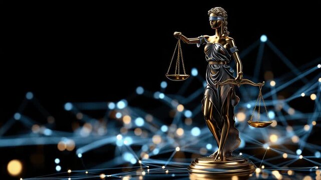 A statue representing justice is illuminated by a backdrop of glowing data points, merging tradition and innovation