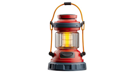 Portable LED camping lantern with handle and bright light isolated on white background for outdoor adventures, hiking, and camping trips