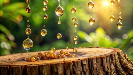 Amber Liquid Dripping onto Rustic Wood Surface in a Serene Natural Setting