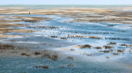 A vast flock of birds gathers in a shallow wetland with calm water and sandy mudflats under a pale sky