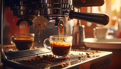 Espresso machine pouring dark, aromatic coffee into a clear glass cup on a grid platform with scattered beans