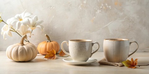 Autumnal Still Life with Ceramic Mugs, Pumpkins, and Lilies on a Neutral Background