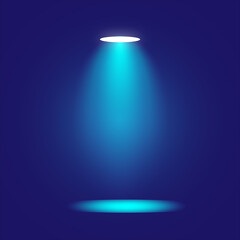 Single vibrant blue spotlight illuminating an empty stage floor