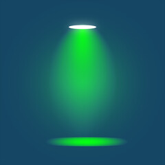Vibrant green spotlight beam shining on a minimalist empty stage