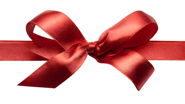 Elegant red ribbon tied into a decorative bow for festive packaging isolated on white background