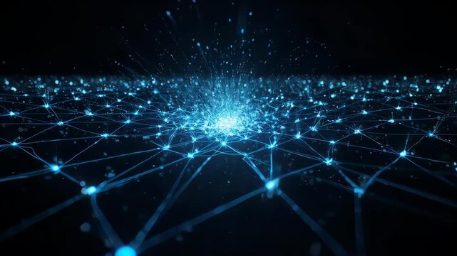 A dynamic 4K animation of glowing blue network connections forming a digital web in a dark space, particle trails and neon dots linking together, symbolizing data and technology. - Powered by Adobe