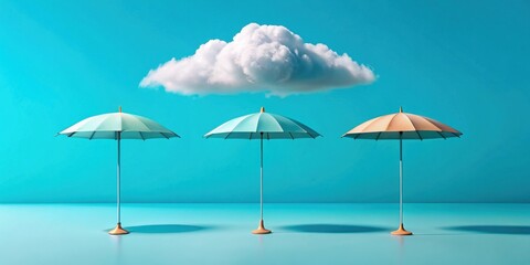 Three parasols stand under a fluffy cloud against a vibrant aqua backdrop, symbolizing protection, serenity, and summery escape