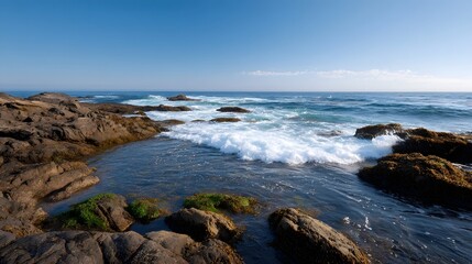Waves dynamically crash against a rugged rocky shoreline under a vast clear blue sky showcasing the raw beauty of the coast