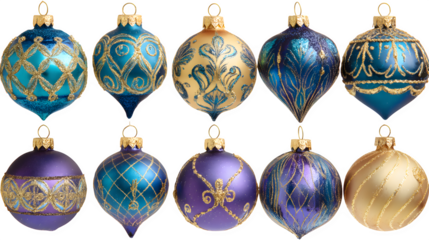 Elegant set of colorful Christmas ornaments in blue, gold, and purple tones isolated on white background